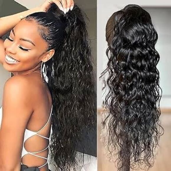 Ponytail Extension,100% Human Hair Drawstring Corn Wave 22” 3C Curly Wavy 10A Br - Picture 2 of 6